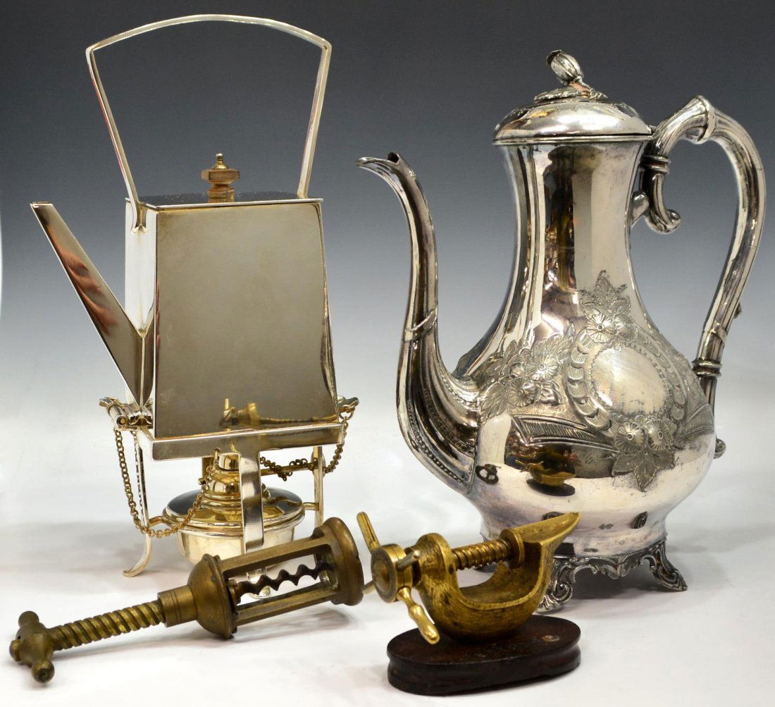 (4) SILVER PLATE TEA KETTLES & DRINK ACCESSORIES: (lot of 4) Collection of metal service items, comprising: (1) Art Deco silver plate coffee pot, Mappin & Webb Prince's Plate, Sheffield hallmarks as pictured, minor surface wear, 11"h; (1) silver plat