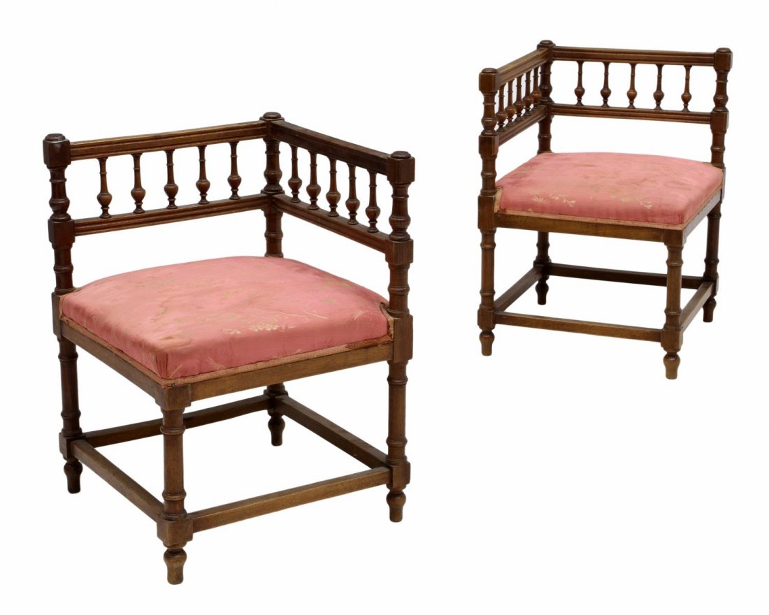 (PAIR) FRENCH WALNUT CORNER CHAIRS: (pair) French corner chairs, late 19th c., the walnut frame with spindle supports, rising on turned and block legs, 23.75"h, 24"w, 23"d Start Price: $80.00