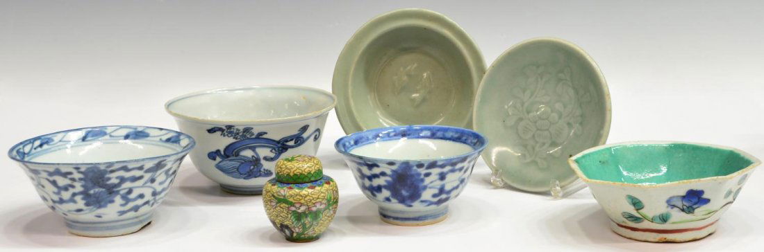 (7)ANTIQUE CHINESE UNDERGLAZE BLUE PORCELAIN ITEMS: (lot of 7) Antique Chinese table items, comprising: (1) blue underglaze and white porcelain bowl/tea cup, undulating dragons throughout, 2.5"h, 4.75"diam; (1) covered cloisonne jar, blooming flowers o