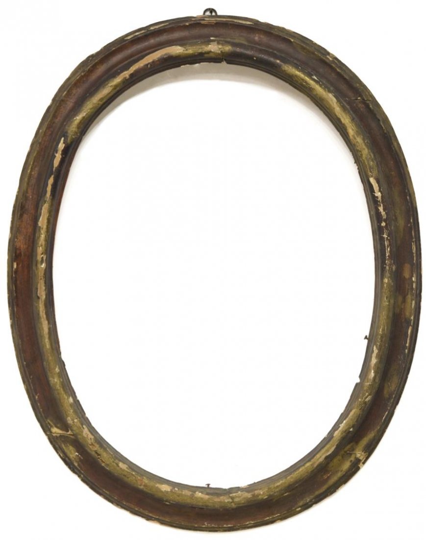 17th C. ITALIAN PAINTING OR MIRROR FRAME: Italian oval wall frame suitable for a painting or mirror, 17th c., remnants of gilding, some loss with gesso visible, old wood loss at back, several hand forged nails visible, inside: 33" x 25.75", o