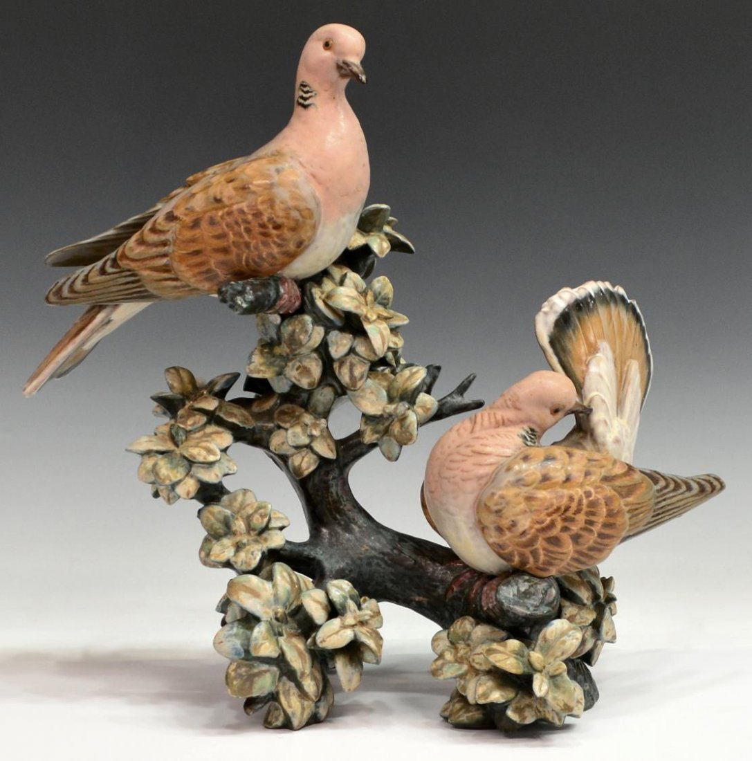 LLADRO PORCELAIN BIRD GROUP, TURTLE DOVES, RETIRED: Large Lladro porcelain bird group, 'Turtle Doves', in a matte finish, sculptor: Antonio Ballester, decorator: J Ruiz, a limited edition of 750, No. 72, retired 1976, approx 13.5"h, 15"w, 6"d, 6lbs *Pr