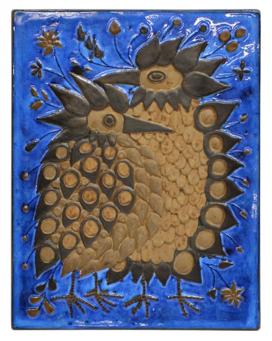MID-CENTURY ROYAL COPENHAGEN EARTHENWARE PLAQUE: Aluminia (Royal Copenhagen) pottery plaque, Two Birds, design attributed to Beth Breyen, Denmark, c. 1960's, numbered 162/2866, no noted signature, 11.5"h, 9.25"w, 2.75lbs *Provenance: From the estate