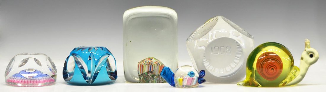 (7) WHITEFRIARS & OTHER MILLEFIORI PAPERWEIGHTS: (lot of 6) Group of paperweights, highlights including (1) large millefiori paperweight in the form of a block, (1) Whitefriars millefiori paperweight depicting a religious scene, (1) Murano glass mil