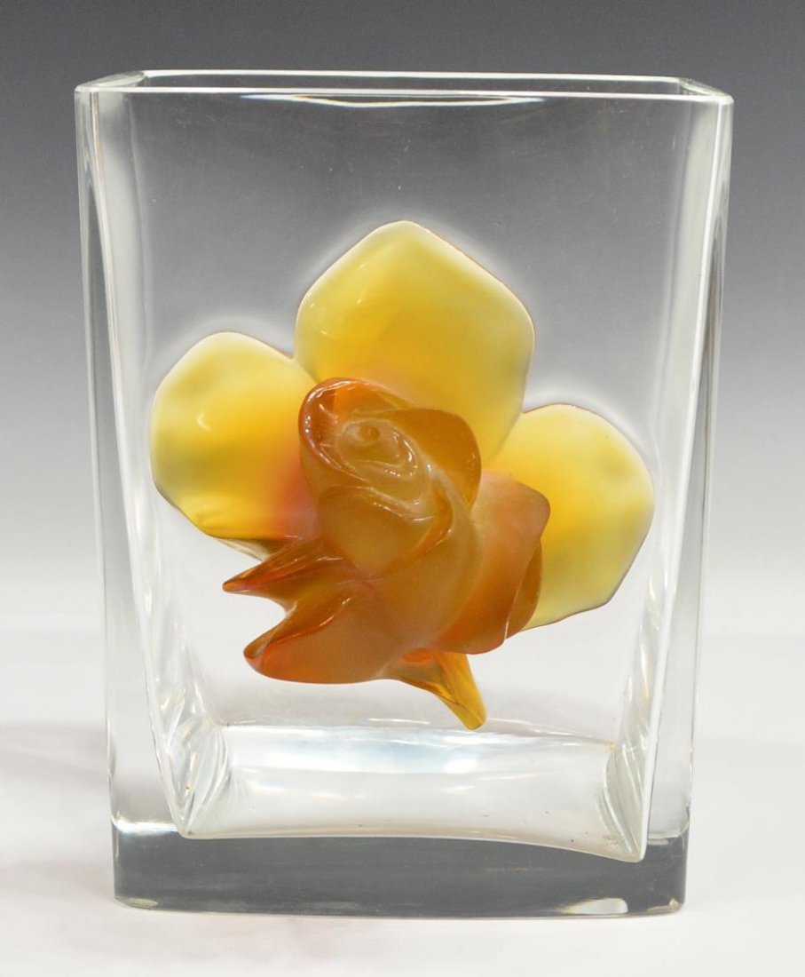 LARGE LALIQUE COLORLESS ART CRYSTAL AMBER VASE: Large Lalique colorless art crystal vase boasting a large amber color floral bud in relief to the front, script signed 'Lalique France', 8.5"h, 6.25, 5.25"d, 10lbs *Provenance: From the estate of note