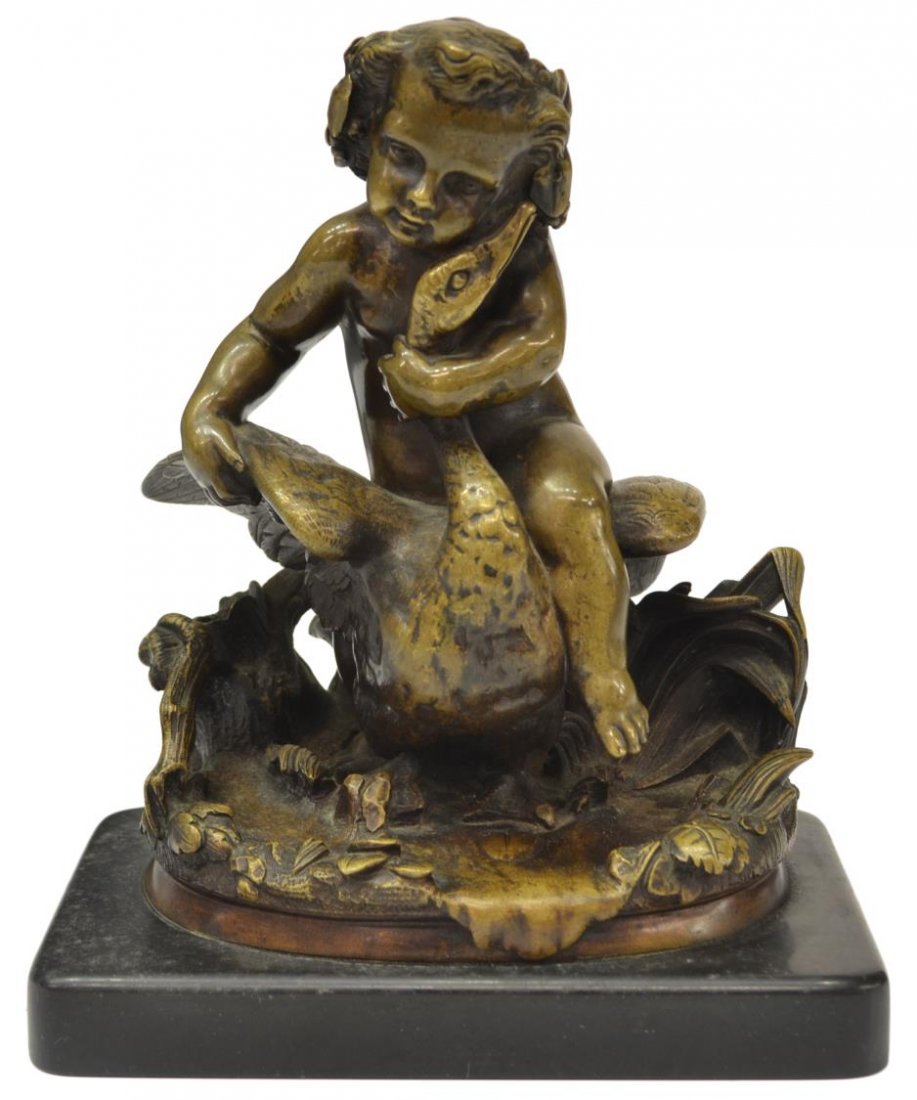 PATINATED BRONZE FIGURAL GROUP, PUTTO & SWAN: Patinated bronze figural group on marble, modeled as a putto embracing a swan in an outdoor setting, unsigned, figure: approx 6.75"h, 5.5"w, 4"d, overall: approx 7.75"h, 6.5"w, 4"d, 7lbs *Provenance: 