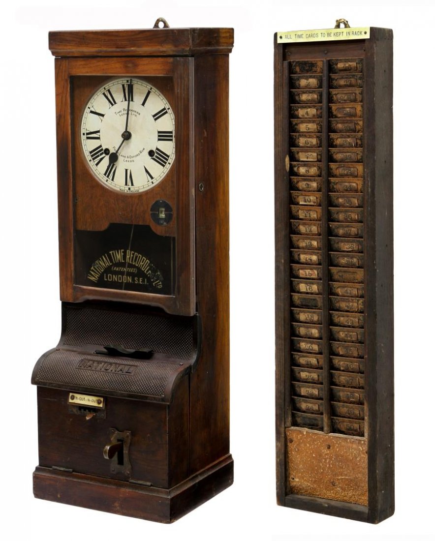 (2) EDWARDIAN OAK CASE TIME CLOCK & CARD RACK: Edwardian time clock by National Records Co., Ltd., London, early 20th c., an oak case with time and strike works above the cast iron card insert and a lower drawer, lacking pendulum, 38.5"h, 13.5"w, 