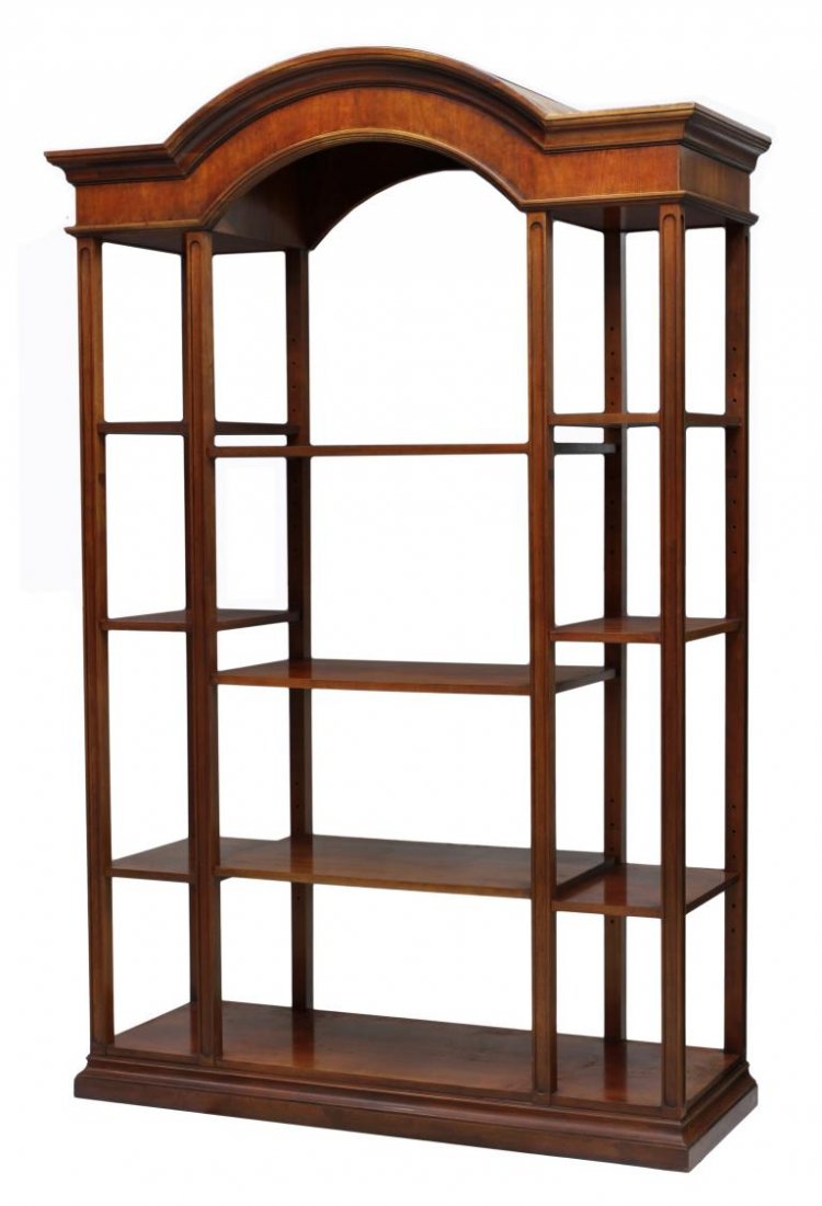 OPEN ETAGERE DISPLAY SHELVES: Open etagere or display shelf with chrry finish, 20th c., an arched cornice over the three sections with adjustable height shelves, set on a plinth base, 83.5"h, 54.5"w, 19"d *Provenance: From the est