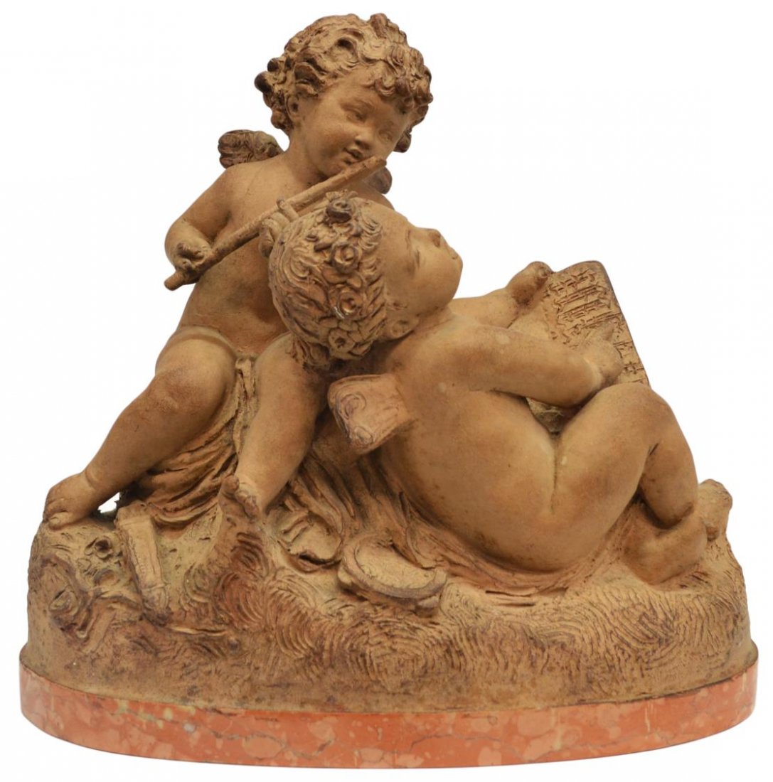 TERRACOTTA GROUP, AMOROUS PUTTI, FERDINAND CIAN: Terracotta figural group, "Two Amorous Winged Putti", signed Fernand Cian Paris (Italian, 19th/20th centuries), on a low marble base, one wing intact with glue restoration, overall: 10.75"h, 11.25"w, 