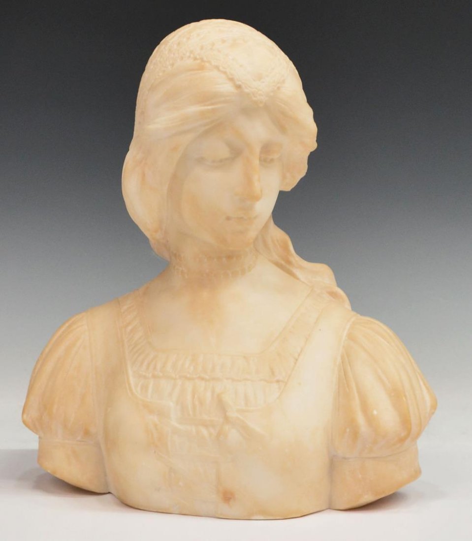 ITALIAN ALABSTER BUST, BEAUTY, PIETRO BAZZANTI: Italian alabaster bust , Beauty Gazing Downward, signed P. Bazzanti (Pietro Bazzanti, Italian, 1842â€“1881), Firenze, 10.75"h, 9.5"w, 5.5"d, 15.25lbs Start Price: $200.00