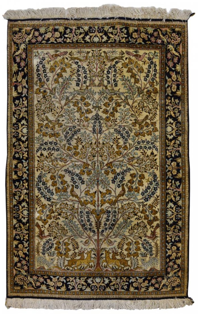 PERSIAN QUM SILK RUG, TREE OF LIFE, 5'6"x3'7": Persian Qum hand tied silk rug, Tree of Life design, in earth tones, approx 5'6.25"l, 3'7.75"w (inclusive of fringe) *Provenance: From the estate of noted San Antonio & Austin resident Todd Denman Bur