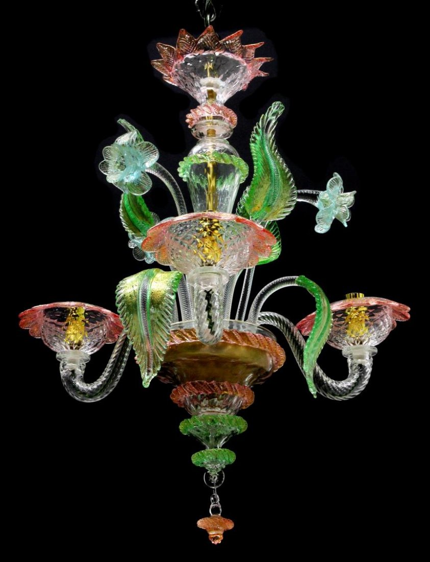VENETIAN STYLE THREE LIGHT CHANDELIER: Venetian style chandelier, 20th c., three glass light arms with accenting leaf and floral canes in pastel colors including pink, green, blue, GB mark at center, approx 21.5"h, 16"w, 15"d Start Price: 