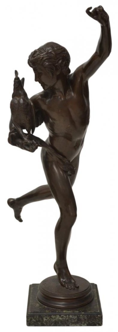 BRONZE, "WINNER OF THE COCKFIGHT", FALGUIERE: Patinated bronze statue, "Winner of the Cockfight", signed A. Falguiere (Jean Alexandre Joseph Falguiere (French, 1831-1900), ThiÃ©baut Freres, Paris, foundry mark, on a square base, figure: approx 
