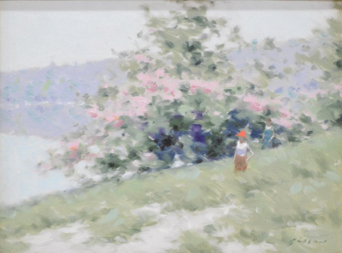 PAINTING, FIGURAL LANDSCAPE, ANDRE G. GISSON: Framed painting on canvas, Girls in a Landscape, signed lower right Gisson (Andre Gittelson Gisson, French/American, 1921-2003), retaining G. Harvey Gallery, Austin, TX, tag on the backside, sight: 8.