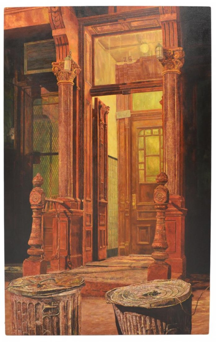 PAINTING, HENRY STREET AT NIGHT, GEORGE SIEJKA: Unframed oil painting on canvas, "Henry Street at Night", George Siejka, 1991 (Austria, New York, Louisiana, b. 1946), credited at verso gallery tag of Nancy Hoffman Gallery, New York, 72"h, 48"w, 18l