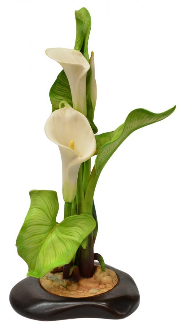 LIMITED EDITION CYBIS PORCELAIN, CALLA LILIES: Cybis porcelain floral group, Calla Lilies, a limited edtion numbered 479, signed with copyright insignia, in a wood base, lilies: approx 15.75"h, 8"w, overall: approx 16.5"h, 8"w, 2.75lbs *Provenance