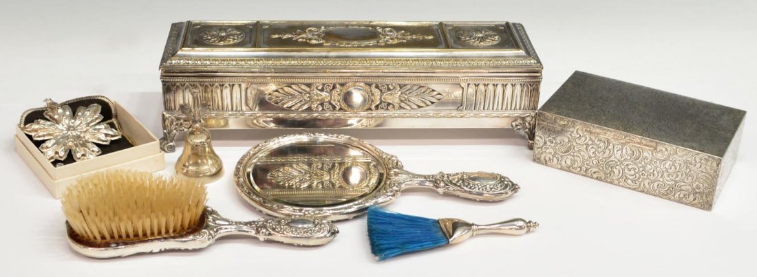 (7)800 & STERLING SILVER TABLE BOX, BRUSH & MIRROR: (lot) Sterling and silver plate dresser and table articles: (1) Continental 800 silver table box, profuse foliate engraving on the wood lined case of rectangular form, 2.25"h, 6.5"l, 4"w; (1) 800 silv