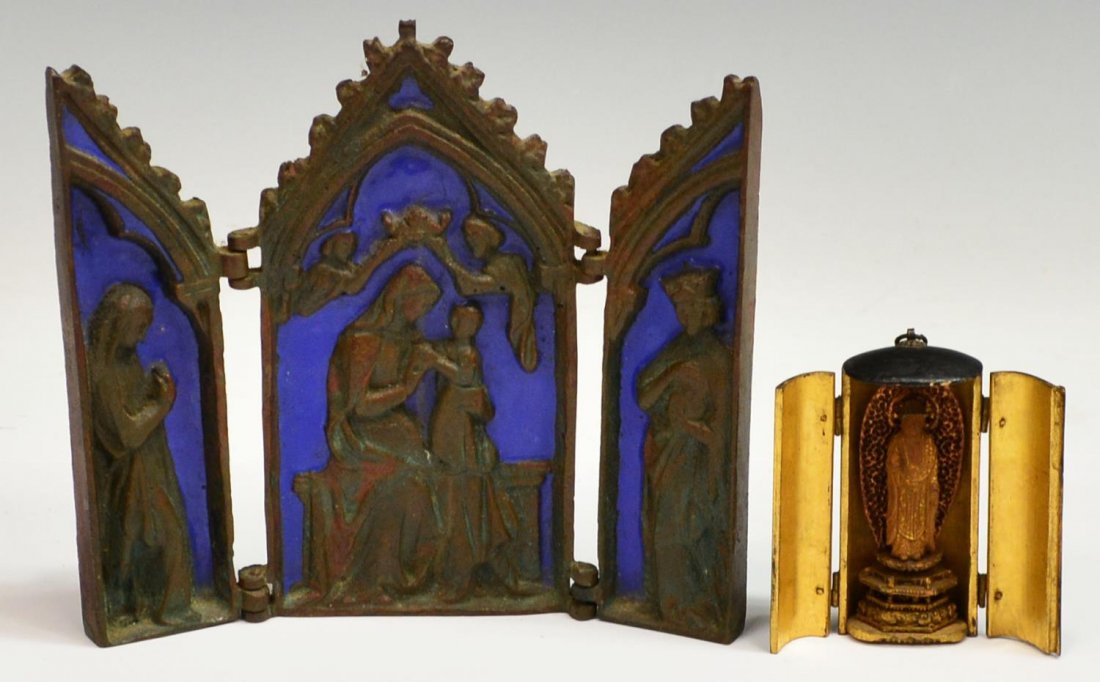 (2) RELIGIOUS ICONS, JAPANESE & ENAMELED BRONZE: (lot of 2) Religious traveling icons: (1) enameled bronze triptych, Madonna and Child, likely Russian, small area of loss to enamel outter wing, 5.25"h, 5.75"w (open); (1) miniature Japanese traveling