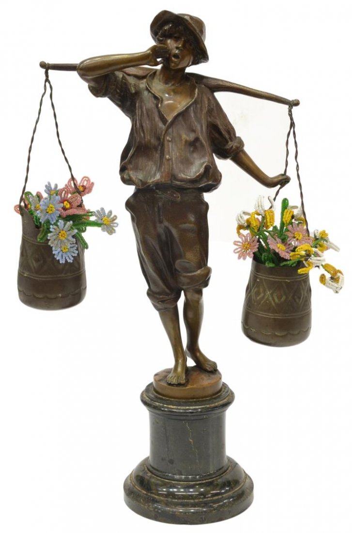 PATINATED BRONZE, WATER BOY, SIGNED F. ROSSE, 1897: Patinated bronze figure on marble, "Water Carrier", signed and dated F. Rosse 1897 (Franz Rosse, German, 1858-1900), with beaded flowers, figure: 11.25"h, 9.25"w, overall: 15"h, 9.25"w, 6.5lbs *Proven