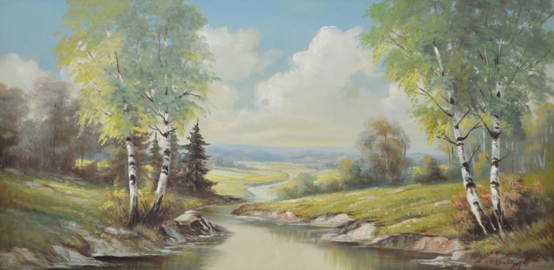 PAINTING, LANDSCAPE, E. EMBLER (AUSTRIA, B. 1894): Framed oil painting on canvas, Landscape with Birch Trees, signed lower right E. Embler (Emanuel Embler, Austria, b. 1894)., sight: 19.25"h, 39.25"w, overall: 28"h, 48.25"w, 10lbs Start Price: $100.00