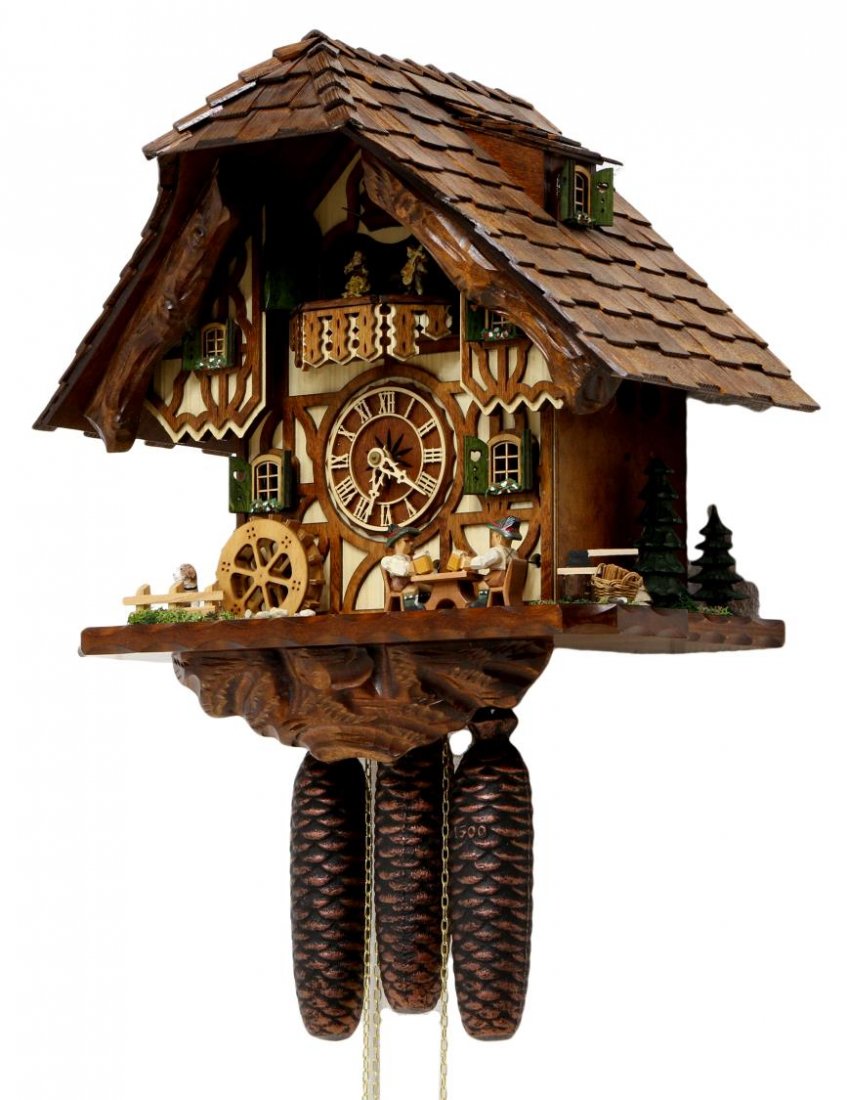 SWISS FIGURAL CUCKOO MUSIC BOX CLOCK: Swiss three weight cuckoo clock by Reuge, 20th c., formed as a chalet with dancers, a dog, waterwheel, beer drinkers in front, operating cuckoo and music box, case: 15"h, 15.75"w, 11"d, total with wei