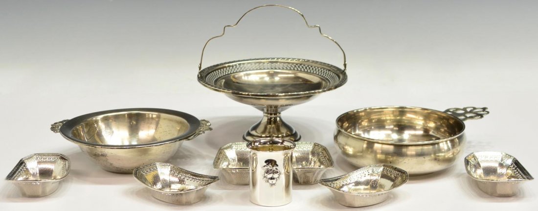 (10) AMERICAN STERLING SILVER TABLEWARE GROUP: (lot of 10) American sterling silver tableware, an assorted group comprising: (1) Frank M. Whiting porringer, pierced handle, 4.75"w, 6.76"l (handle); (1) Reed and Barton bowl with delicate floral tri