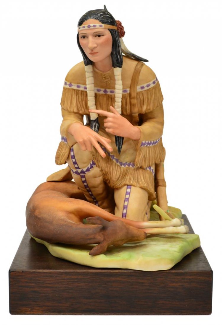 CYBIS NATIVE AMERICAN LIMITED FIGURE, HIAWATHA: Limited edition Cybis porcelain figure, "Hiawatha", from the North American Indian series, number 241, signed with copyright insignia on the backside, on a square wood base, figure: 10"h, 7"w, overall