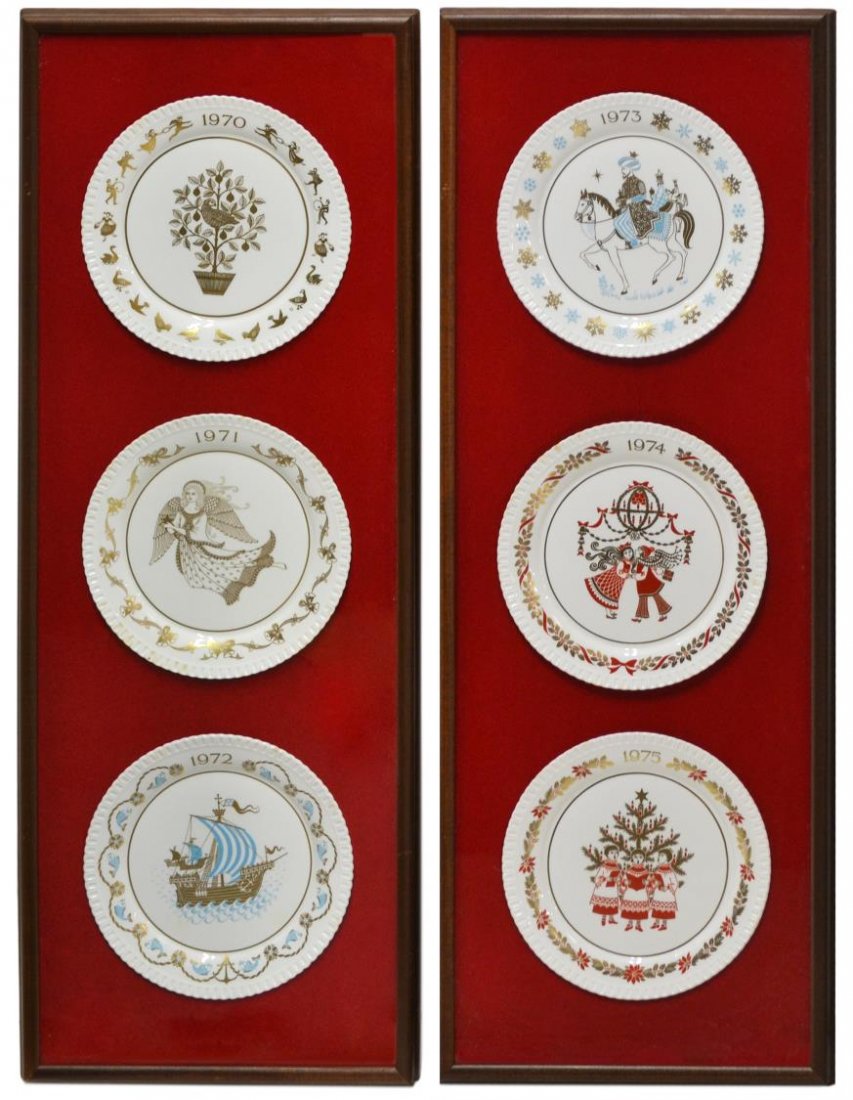 (6) FRAMED SPODE BONE CHINA COLLECTORS PLATES: (lot of 6) Framed Spode England bone china collectors plates, comprising: (1) Two Turtle Doves, 1970; (1) Angel, 1971; (1) Three Ships Sailing, 1972; (1) Three Kings of Orient, 1973; (1) Deck the Hall