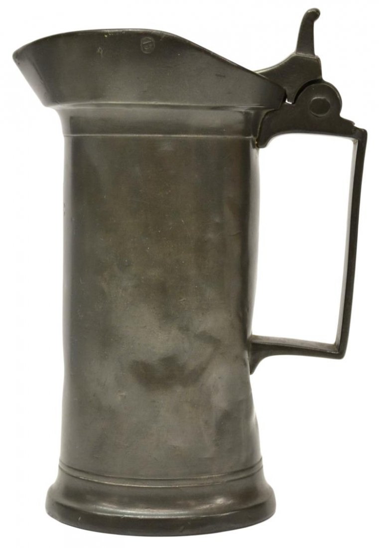 FRENCH ANTIQUE SIGNED PEWTER STEIN: French pewter stein by Meunier Martin, Lille, 19th c., cylindrical with handle and thumb lift lid, marked "3" at lid with other marks, "AC" under handle, makers name and double crown over floral stamp