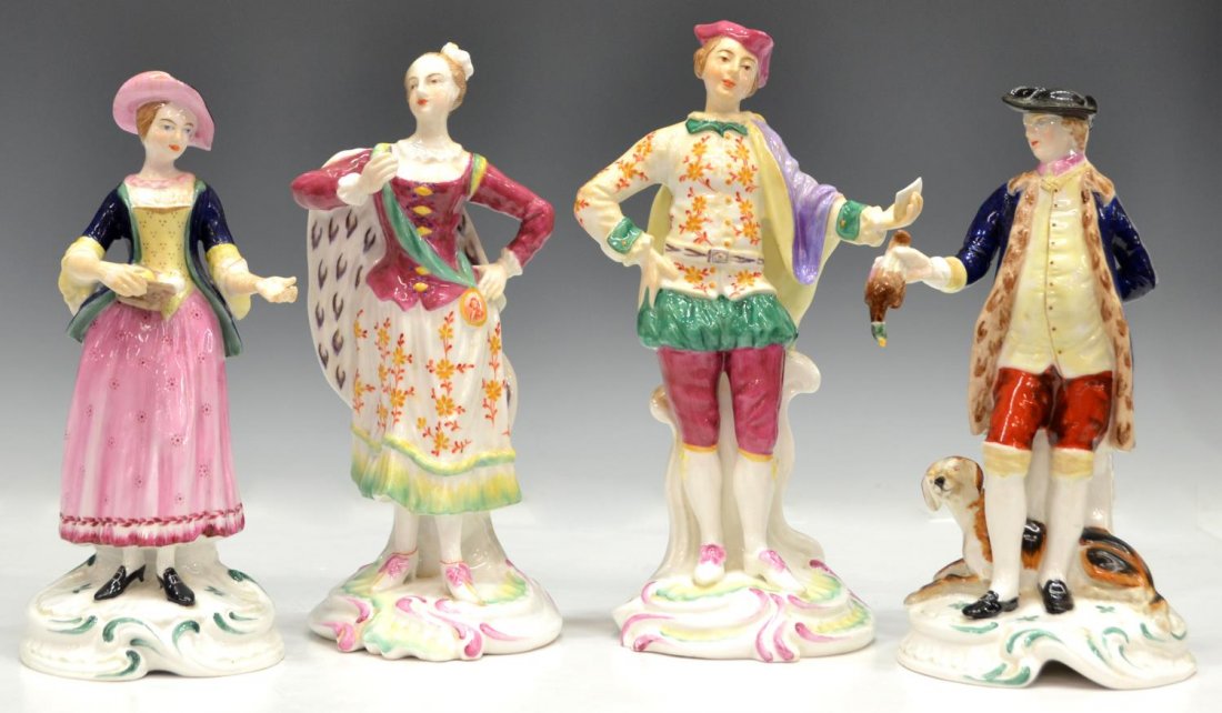 (4) GROUP SPODE CHINA 'CHELSEA' FIGURES: (lot of 4) Group of Spode china 'Chelsea' figures, including numbers (1) "Young Man with Letter", number 1, (1) "Mistress Vernon, number 2, (1) a gentleman after hunting, number 3 and (1) a woman danc