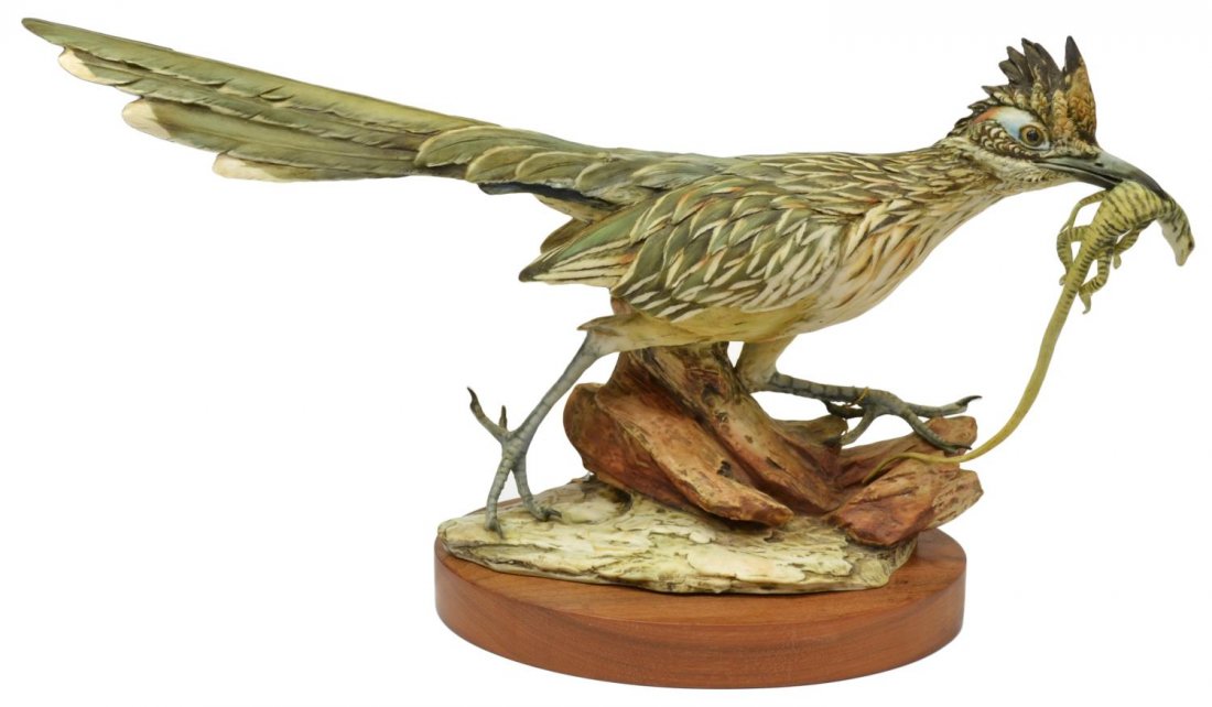 ITALIAN PORCELAIN, ROAD RUNNER, LIMITED EDITION: Italian Tay porcelain figure, "Roadrunner", signed G.Tagliario Tay (Giuseppe Tagliario, Italian, 1915-1982), numbered 18 of 500, 1970, retaining information tag and Tay Italy sticker, on a wood base, 