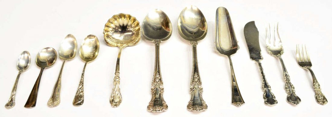 (11) STERLING SILVER FLATWARE SERVICE ITEMS: (lot of 11) Sterling silver flatware, assorted makers and styles, highlights included (2) large Gorham 'Cambridge' sterling silver spoons, monogrammed, 8.5"l, (1) Reed & Barton 'Francis I' child's for