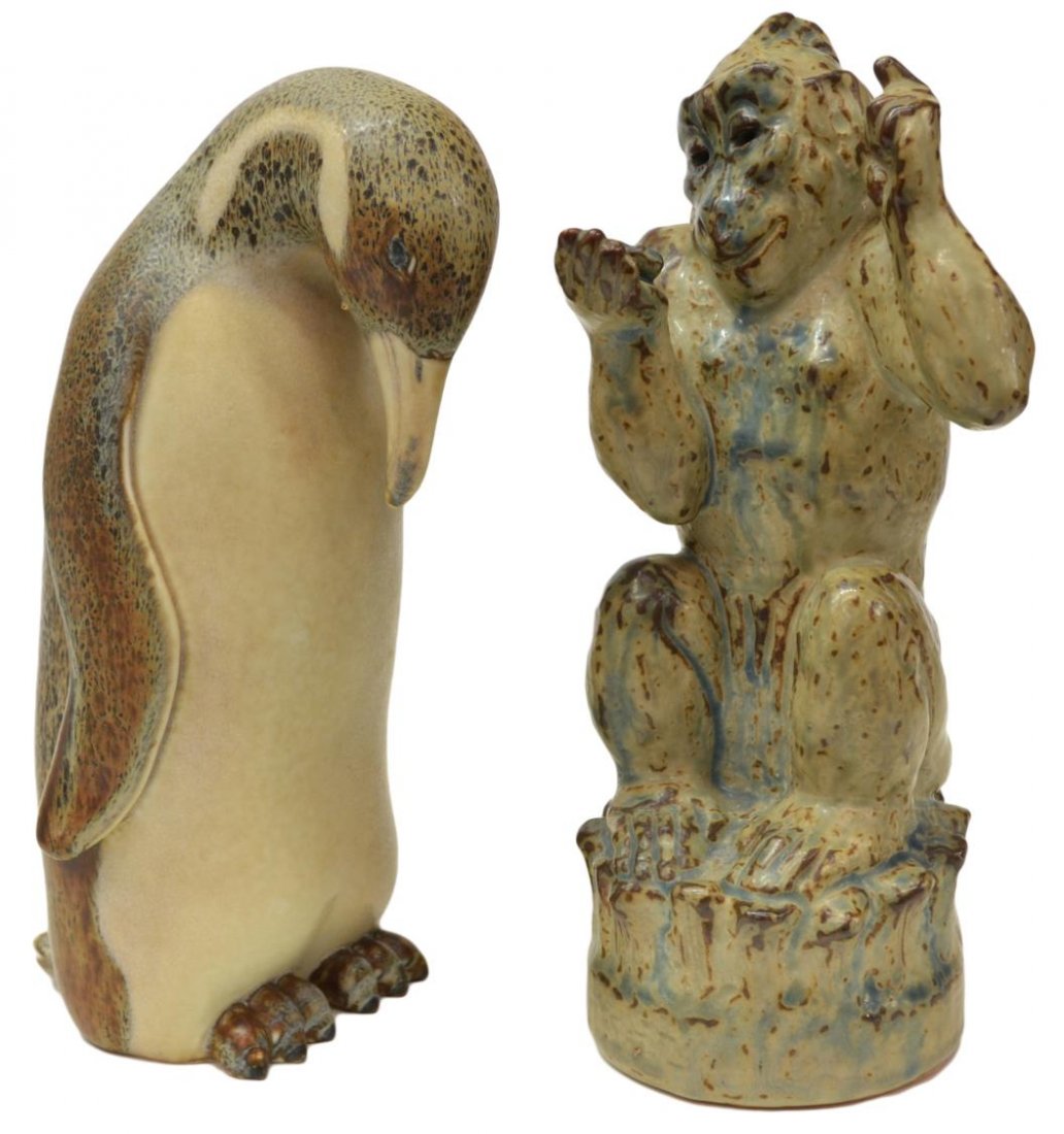 (2) RORSTRAND PENGUIN FIGURE & COPENHAGEN GORILLA: (lot of 2) Pottery, comprising: (1) Swedish Rorstrand figure modeled as a standing penguin, executed in tan, brown and blue tones, marked underfoot, approx 9.75"h, 4.75"w; (1) Danish Royal Copenhagen