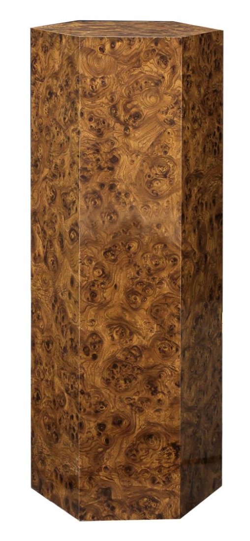 BURL FINISH HEXAGON PEDESTAL: Hexagon pedestal or plant stand, 20th c., having a burled laminate finish, 36"h, 14"w, 12.25"d *Provenance: From the estate of noted San Antonio & Austin resident Todd Denman Burney proprietor of the 