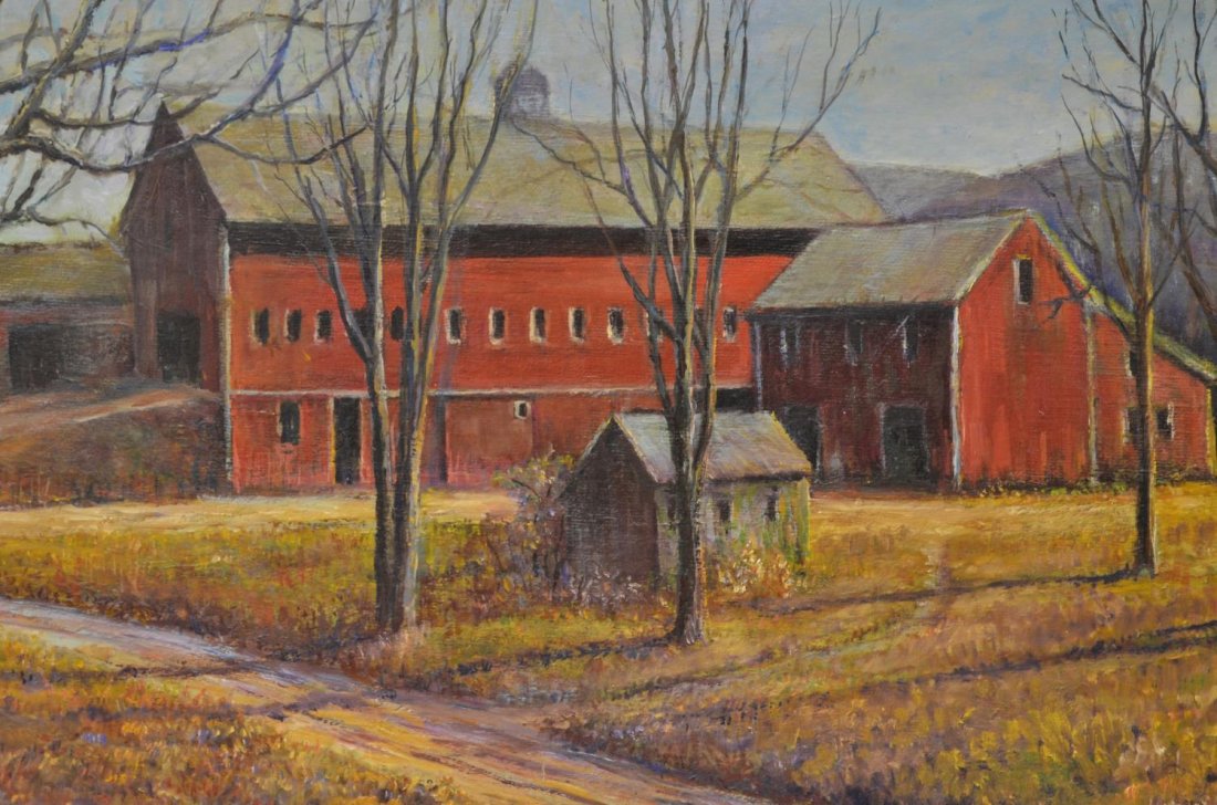 FRAMED PAINTING, NEW HAMPSHIRE RED BARN, M.C. ROSS: Framed oil painting on canvas, "Red Barn Owned by Clayton Ham, Compton, New Hampshire, 1965" signed lower right M.C. Ross (Mildred Campbell Ross), titled, signed, dated, at verso, sight: 17.25"h, 23.2