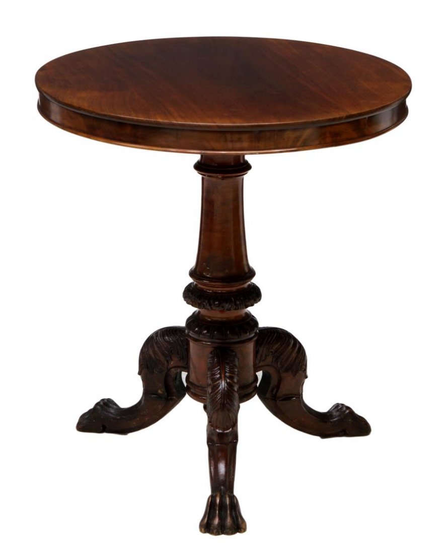 VICTORIAN MAHOGANY OCCASIONAL TABLE: Victorian mahogany occasional table, c. 1900, the circular top rising on a central turned pedestal on tripartite cabriole legs with claw feet, 29.5"h, 27"diam. Start Price: $150.00