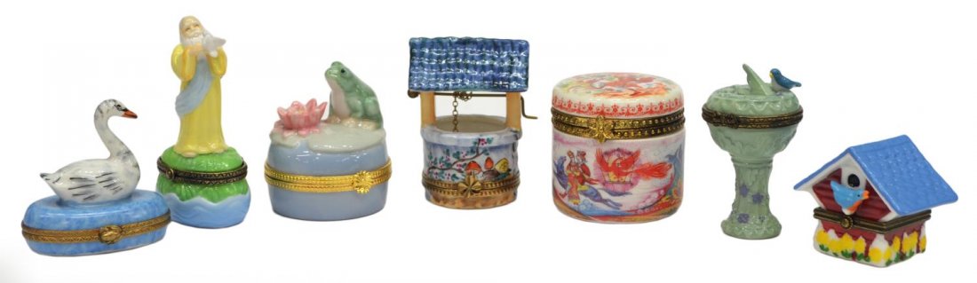(7)MINATURE LIMOGES FRANCE & OTHER PORCELAIN BOXES: (lot of 7) Collection of Limoges, France and other porcelain hinged boxes, comprising: (1) Limoges box in the form of a water well; (1) Limoges box in the form of a swan on a lake; (1) bird feeder; (1