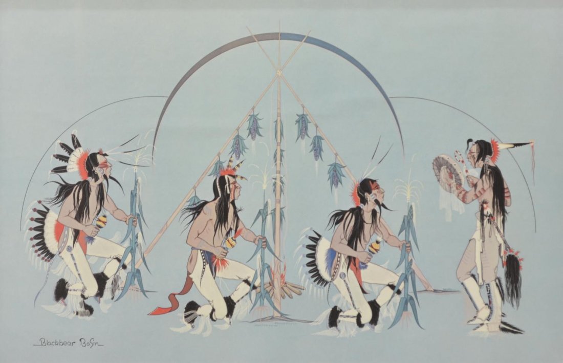 PRINT, AMERICAN INDIAN CORN DANCE, BLACKBEAR BOSIN: Framed print, "Minataree Green Corn Dance" , signed lower left Blackbear BoSin (Francis Blackbear Bosin, also known as Tsate Kongia, Comanche-Kiowa, Oklahoma, 1921-1980), sight: 15.25"h, 23.75"w, over
