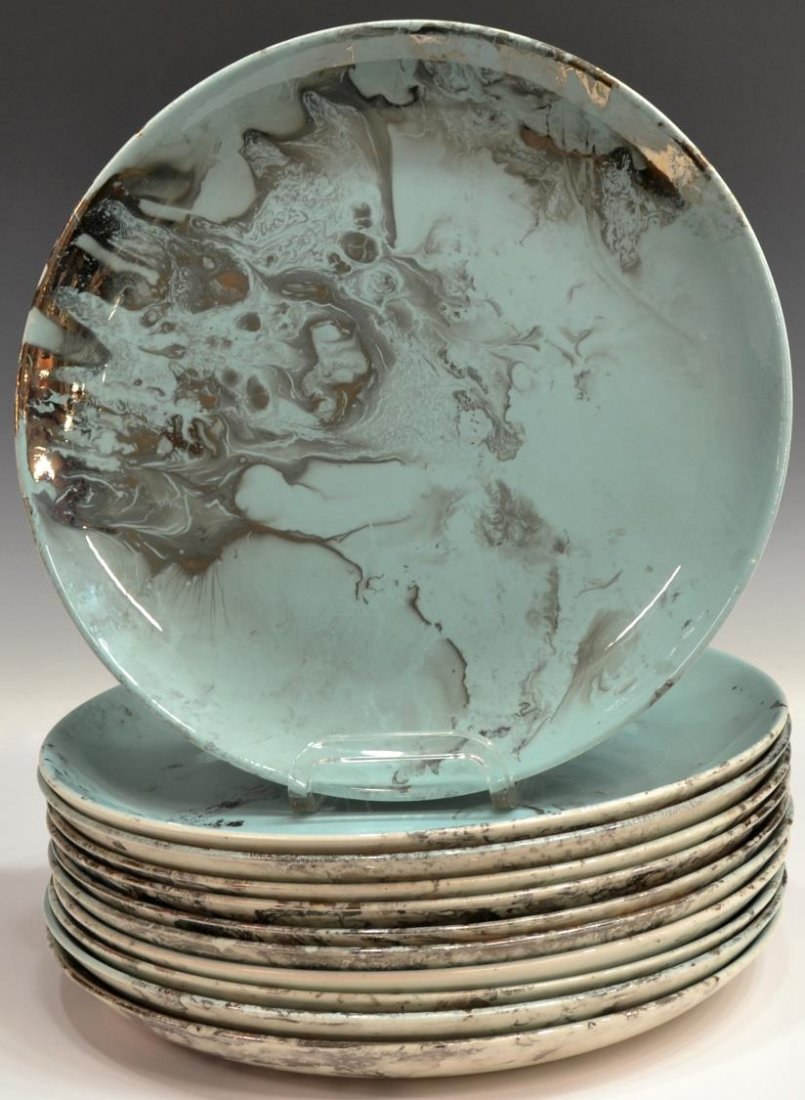 (11) SASCHA BRASTOFF 'SURF BALLET' DINNER PLATES: (set of 11) American mid-century ceramic dinner plates, Sascha Brastoff Ceramics, 'Surf Ballet' pattern in turquoise, some with chips/flakes underfoot, some crazing, each: 10.5"diam, 15.75lbs total *P