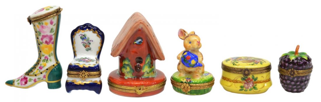 (6) MINATURE LIMOGES FRANCE PORCELAIN BOXES: (lot of 6) Collection of Limoges, France hand painted porcelain hinged boxes, comprising: (1) shoe, gilt string with floral accents; (1) bird feeder in the form of a house; (1) cobalt and gilt chair, 