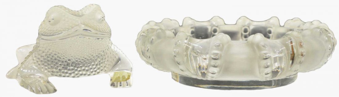 (2) LALIQUE FROSTED ART CRYSTAL FROG & BOWL: (lot of 2) Lalique art crystal cabinet items, comprising: (1) Lalique frosted glass frog, 'Gregoire', signed Lalique France, original sticker located on foot, 3.25"h; (1) Lalique circular dish, froste