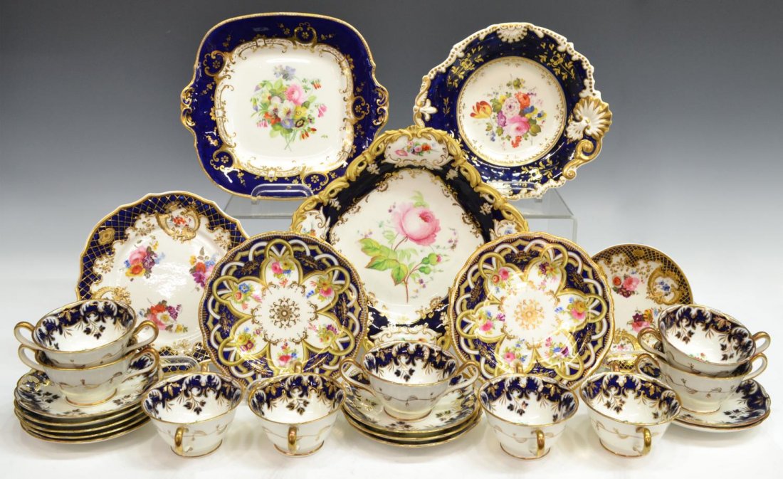 (26) ENGLISH COBALT & GILT PORCELAIN TABLEWARE: (lot of 26) English porcelain cobalt and white dinnerware, an assortment in similar floral patterns with gilt accents, various makers including Cauldon, Jackson and Gosling Ltd. and more, comprising: 