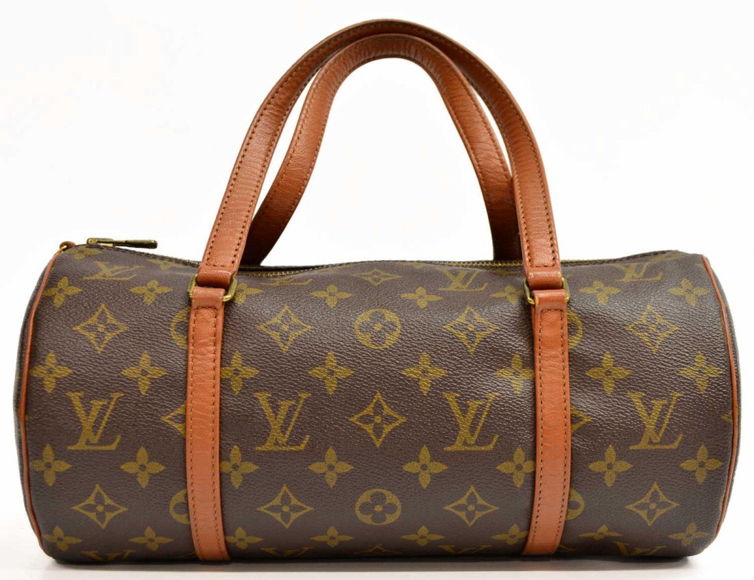 LOUIS VUITTON PAPILLION 30 MONOGRAM CANVAS HANDBAG: Louis Vuitton "Papillon 30" handbag in monogram canvas, brown leather handles and trim, patination interior with wear, bag: approx 6"h, 12"w, 6"d, 1lb Start Price: $100.00