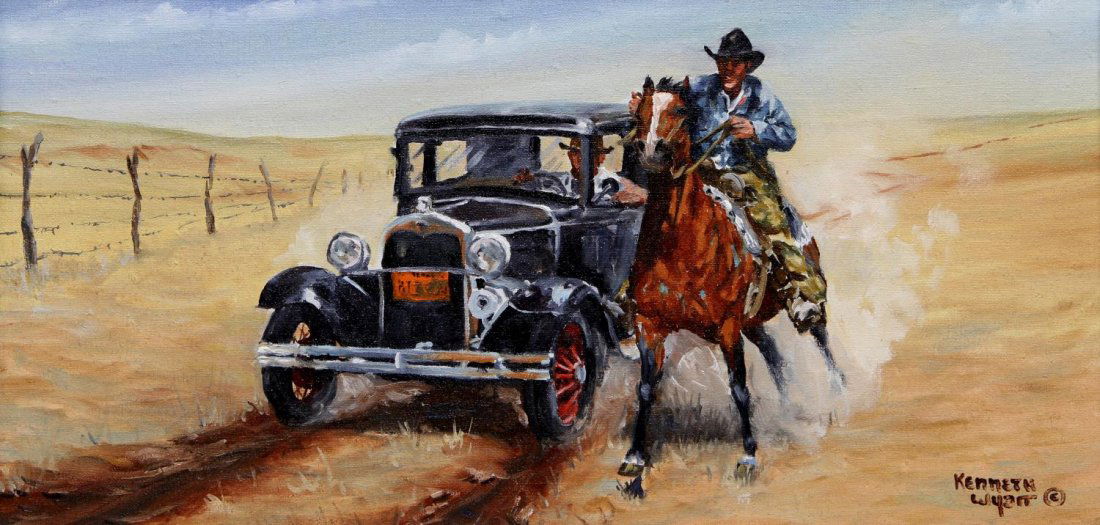 WESTERN PAINTING, KENNETH WYATT (TEXAS B. 1930): Framed oil painting on canvas, "Race To The Gate", signed lower right Kenneth Wyatt (Kenneth James Wyatt, Texas, b. 1930), sight: 9.5"h, 19.5"w, overall: 15"h, 24.75"w, 3lbs Start Price: $100.00