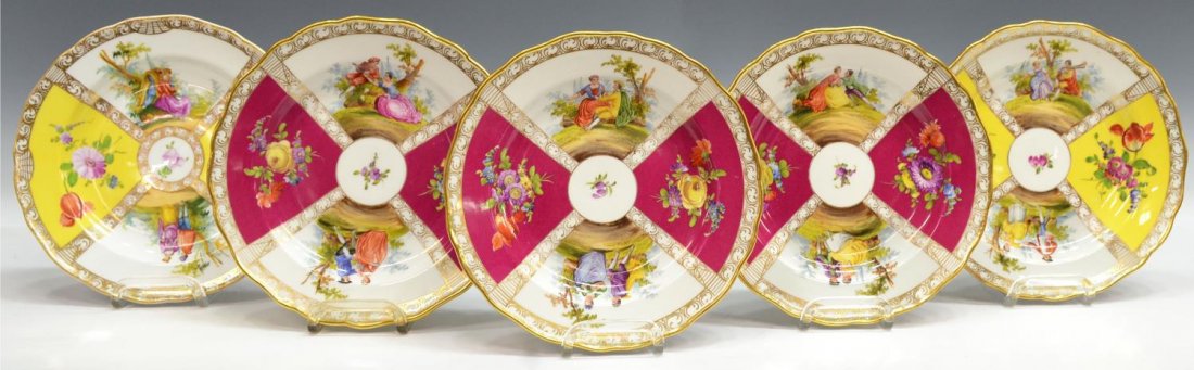 (5) HAND PAINTED MEISSEN PORCELAIN CABINET PLATES: (lot of 5) Group of Meissen cabinet plates, each having alternating hand painted reserves of courting couples and floral sprays, scrolling gilt ornamentation throughout, in two colors including cranbe