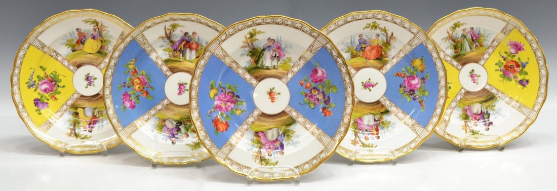 (5) HAND PAINTED MEISSEN PORCELAIN CABINET PLATES: (lot of 5) Group of Meissen cabinet plates, each having alternating hand painted reserves of courting couples and floral sprays, scrolling gilt ornamentation throughout, in two colors including blue a