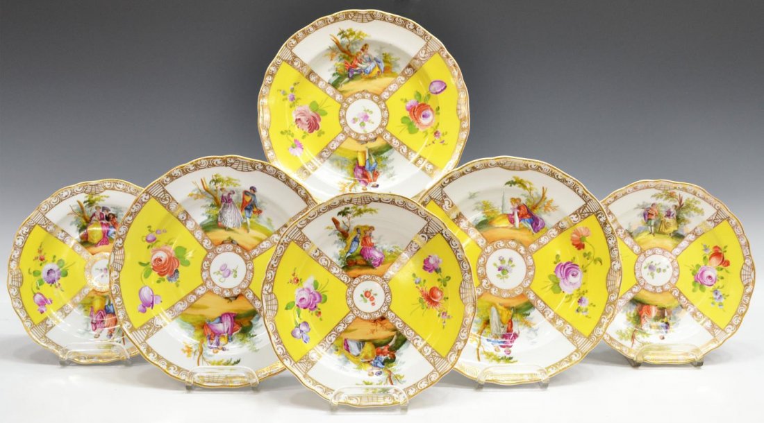 (6) HAND PAINTED MEISSEN PORCELAIN CABINET PLATES: (lot of 6) Group of yellow and white Meissen cabinet plates, each having alternating hand painted reserves of courting couples and floral sprays, scrolling gilt ornamentation throughout, some gilt los