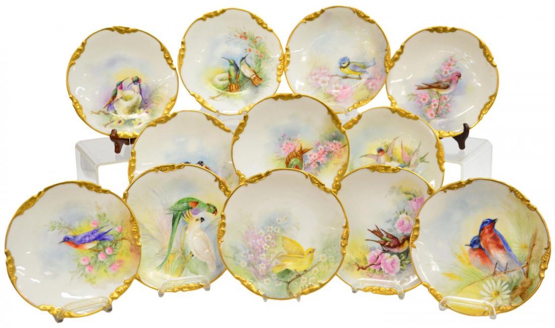 (12) LIMOGES JEAN POUYAT HAND PAINTED BIRD PLATES: (set of 12) Collection of Jean Pouyat Limoges porcelain cabinet plates, each hand painted with various kinds of birds, signed by F.M. Kohler, floral gilt rim, marked J.P.L. France, 7.5"diam, 7lbs tota