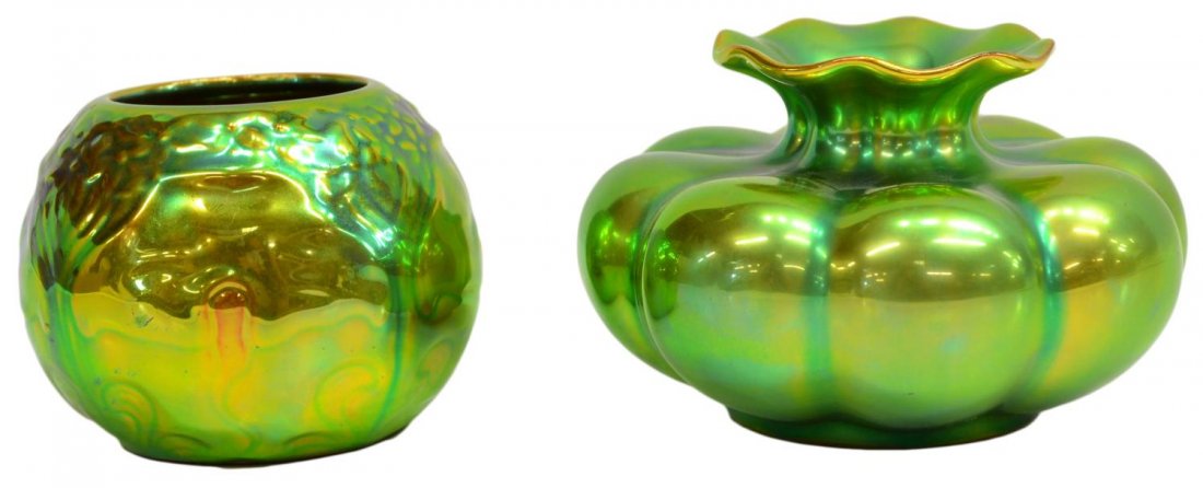 (2) HUNGARIAN ZSOLNAY EOSIN GLAZED VASES: (lot of 2) Hungarian Zsolnay eosin glazed vases, (1) of squat form having a lobed body and flared rim, (1) of round form with floral and pulled detail, both marked underfoot, largest: approx 3"h, 4.5"
