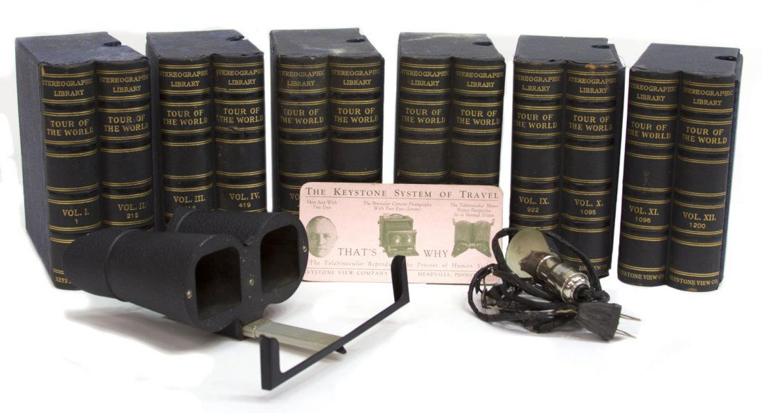 KEYSTONE TOUR OF THE WORLD 600 CARDS, SCOPE, LIGHT: (lot of 8) Stereoscopic Tour of the World, Keystone View Company, Meadville, Pennsylvania, New York, Chicago and London, 12 volumes, total of 600 cards, together with (1) stereoscopic "Telebinocular"