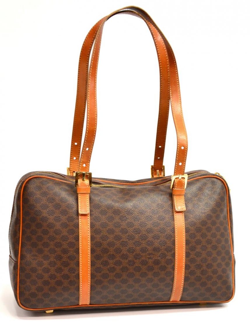 CELINE BROWN MONOGRAM CANVAS & LEATHER PURSE: Celine shoulder bag in monogrammed canvas, leather handles and trim, gold tone hardware, minor spots to interior, bag: approx 9.5"h, 14.75"w, 6.5"d, 1.5lbs Start Price: $100.00